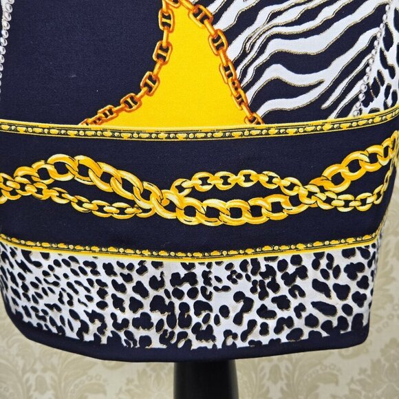 Cache Size 10 Navy Gold White Sheath Dress Animal Print Chain Pattern Sleeves - Picture 4 of 11
